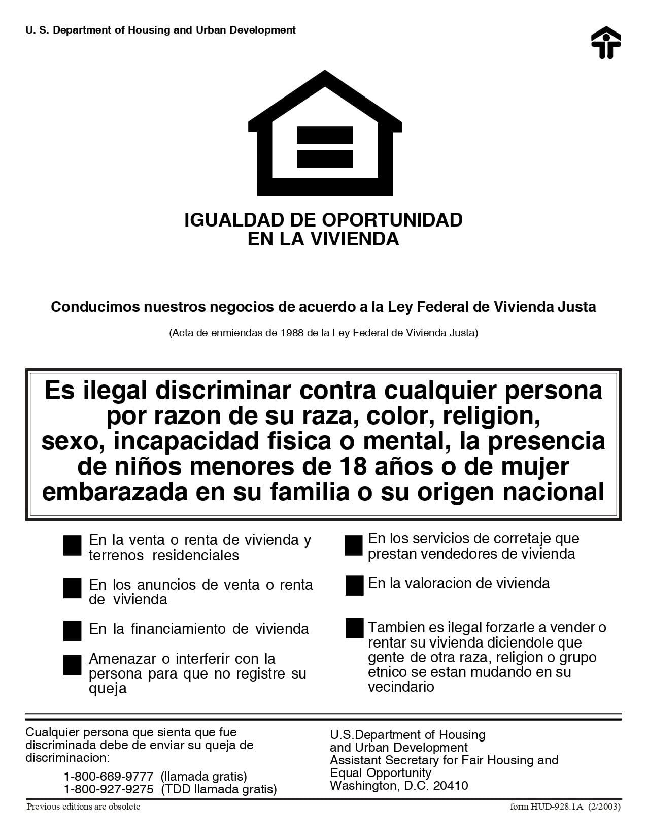 IGUALDAD DE OPORTUNIDAD EN LA VIVIENDA – Acta de enmiendas de 1988 de ...